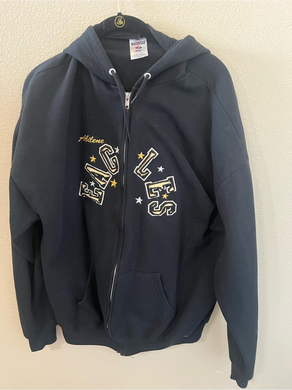 Jerzees Navy Zip-Up Varsity Hoodie with Embroidered Lettering